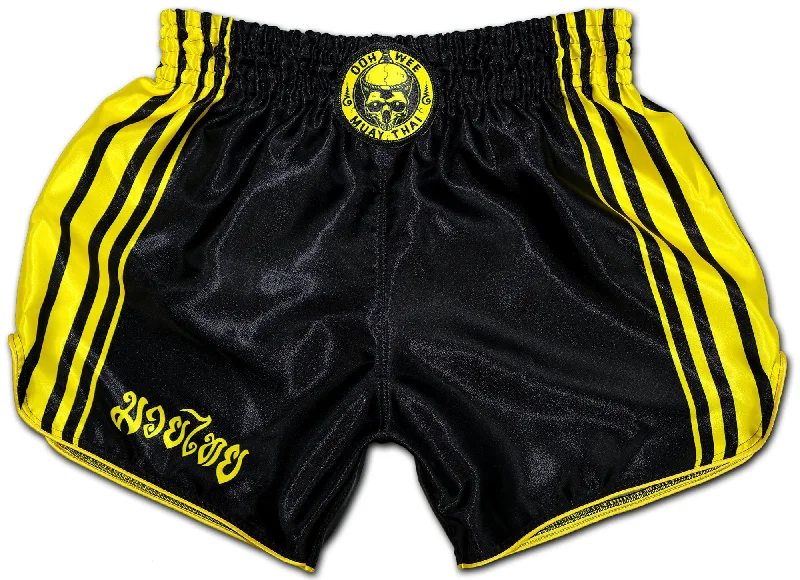 Men's distressed cotton shorts for a bohemian - inspired styleBlack and yellow Muay Thai boxing shorts Men's distressed cotton shorts for a bohemian - inspired styleBlack and yellow Muay Thai boxing shorts
