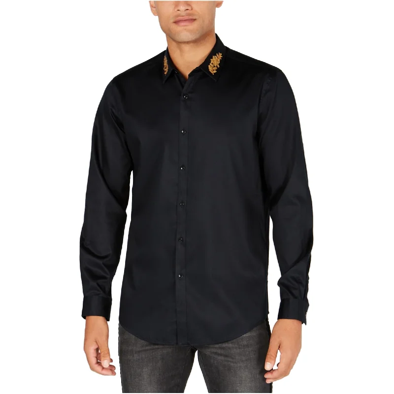 Men's Wrinkle - Resistant Polyester Blend Casual Shirts for Easy Travel and MaintenanceI-N-C Mens Sequined Flower Button Up Shirt, Black, X-Large