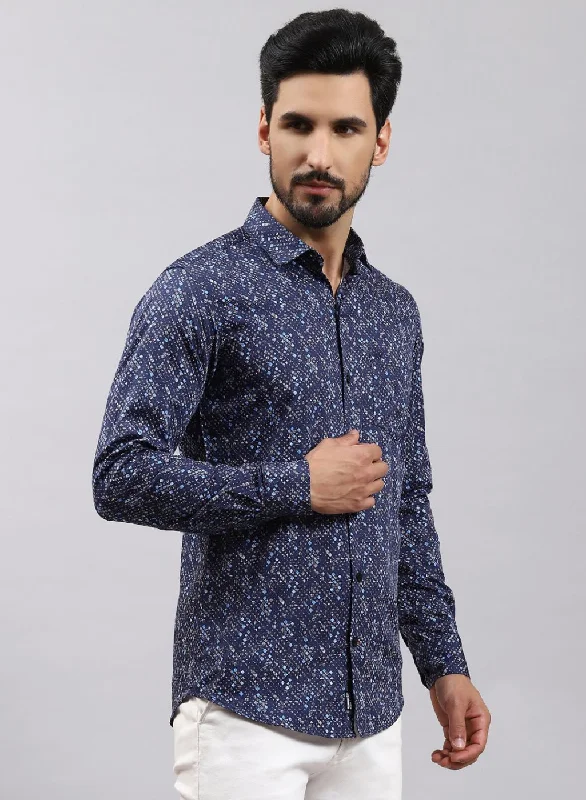 Men's Long - Line Oversized Casual Shirts in Dark Gray for a Relaxed and Modern LookMen NAvy Blue Printed Pure Cotton Shirt
