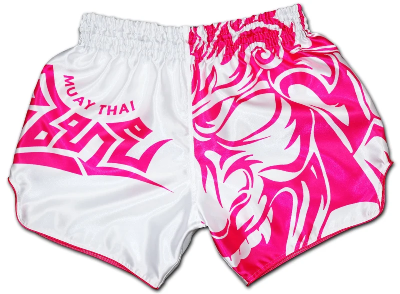 Men's distressed cotton shorts for a bohemian - inspired styleMuay Thai Shorts | Samurai Tribal (White-Pink)