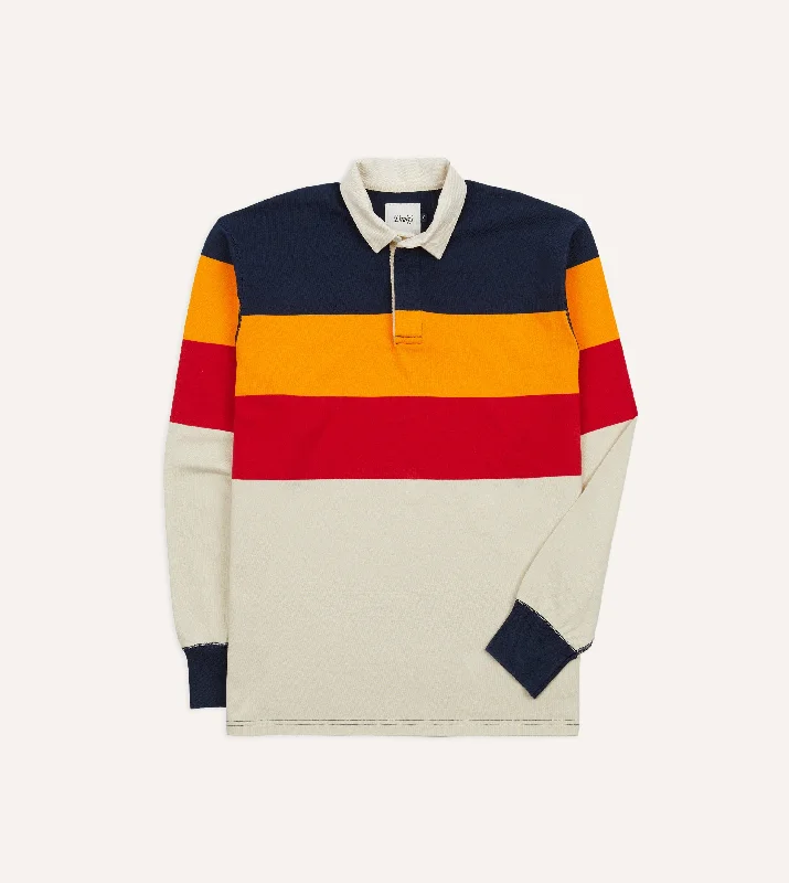 Men's Two - Tone Contrast Panel Casual Shirts in White and Navy for a Stylish and Eye - Catching DesignNavy, Yellow and Red Block Stripe Cotton Rugby Shirt