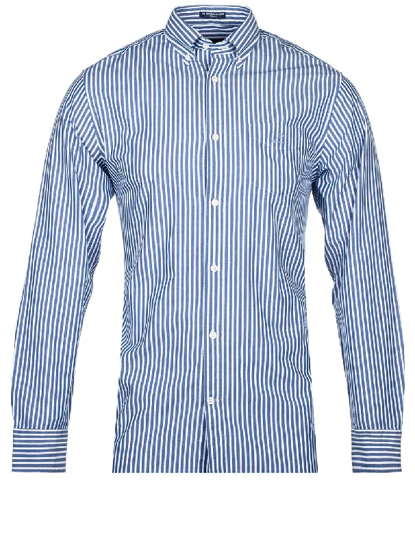 Men's Linen Blend Casual Shirts with Roll - Up Sleeves for a Summer Beach LookRegular Buttondown Broadcloth Stripe College Blue