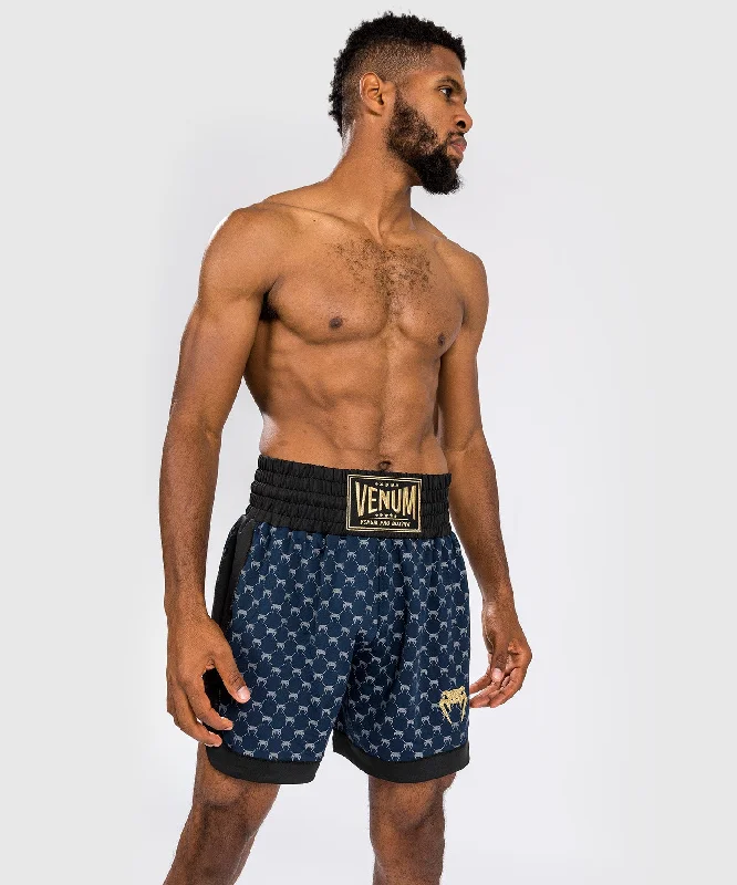 Men's flat - front chino shorts for semi - formal summer eventsVenum Monogram Boxing Short - Black/Navy Blue Men's flat - front chino shorts for semi - formal summer eventsVenum Monogram Boxing Short - Black/Navy Blue