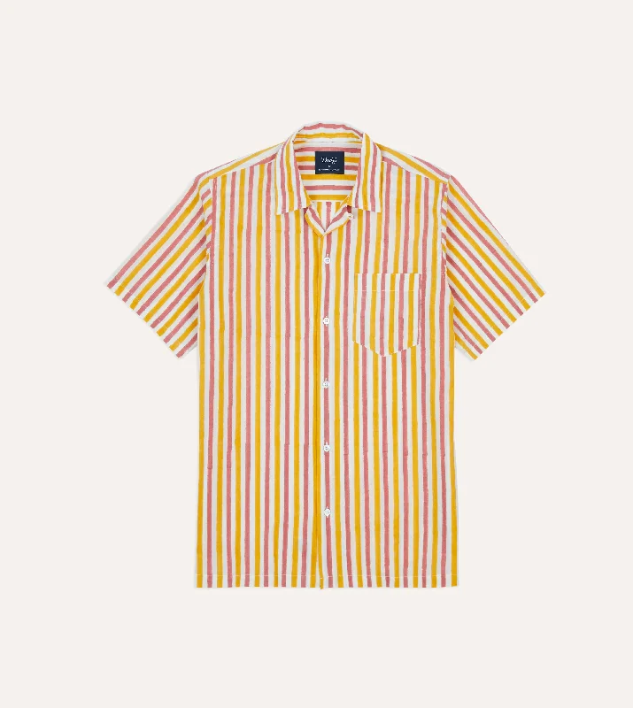 Men's Organic Cotton Casual Shirts with a Soft Handfeel for Everyday ComfortYellow and Pink Stripe Block Print Cotton Camp Collar Short Sleeve Shirt
