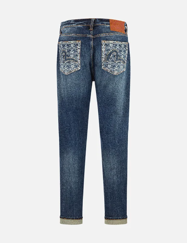 Men's Low - Rise Jeans in a Light Wash for a Casual and Youthful LookAllover Kamon Print and Seagull Embroidery pockets Fashion Fit Jeans