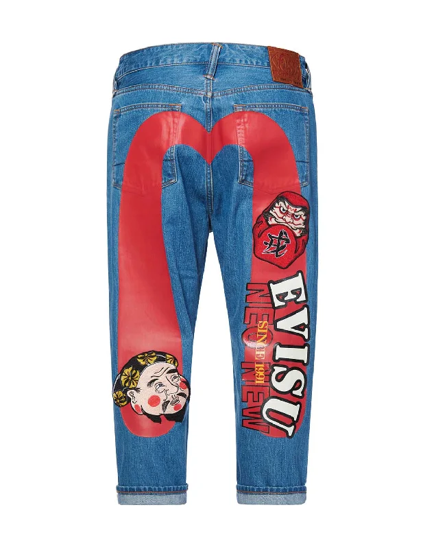 Men's Cargo Jeans with Multiple Pockets for a Practical and Outdoor - Friendly LookDaruma and Ebisu Embroidered Daicock Print 2027 Cropped-fit Denim Jeans