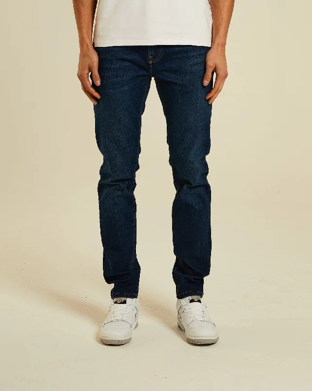 Men's Distressed Jeans with Patches for a Retro and DIY - Inspired AppearancePalmer Slim Denim Blue