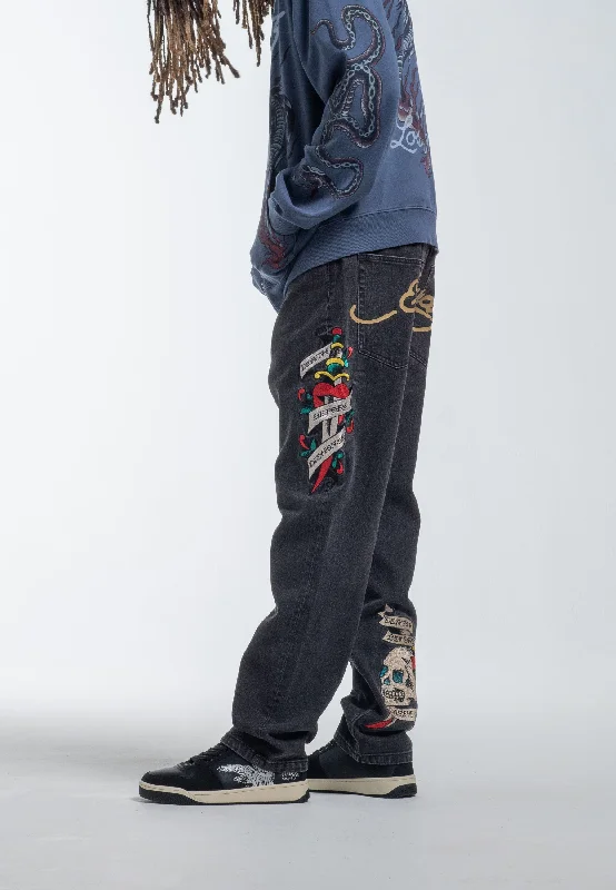 Plus Size Men's Bootcut Jeans with a Relaxed Waist for a Classic and Comfortable FitMens Death Before Tattoo Graphic Denim Trousers Jeans - Black