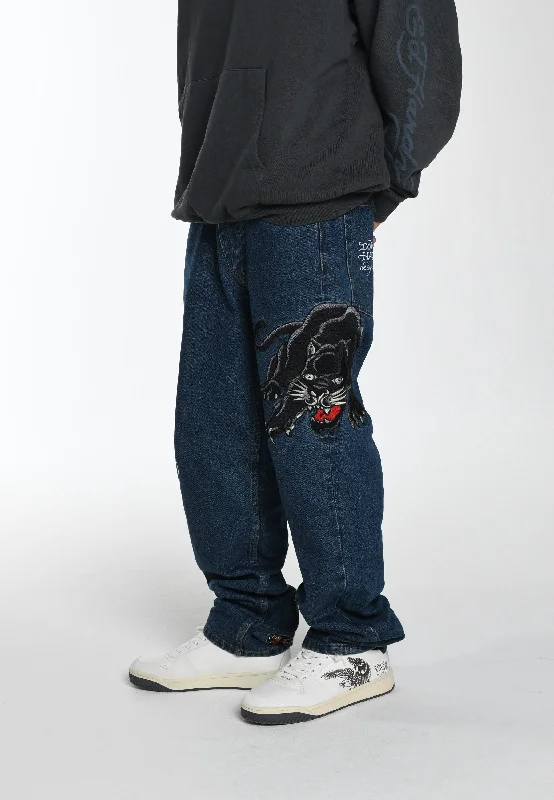 Plus Size Men's Relaxed Fit Jeans with a Faded Wash for a Vintage - Inspired LookMens Panther-Crouch-Leap Tattoo Graphic Relaxed Denim Trousers Jeans - Indigo