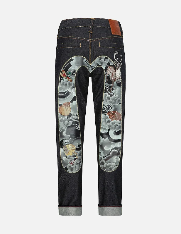 Men's Jeans with a Frayed Hem for a Casual and Effortless StyleTreasure and Cloud-pattern Daicock Print Carrot Fit Selvedge Denim Jeans #2017