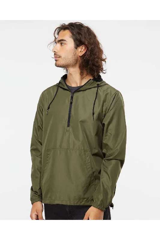 Men jackets with a built - in hood that can be stowed away when not in useIndependent Trading Co. Mens Water Resistant 1/4 Zip Windbreaker Hooded Jacket - Army Green