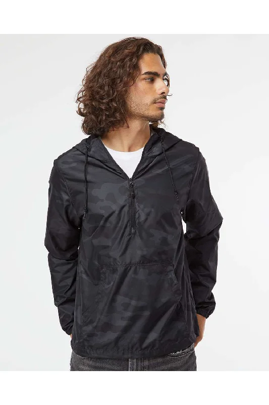 Stretch - fabric men jackets for unrestricted movement during workoutsIndependent Trading Co. Mens Water Resistant 1/4 Zip Windbreaker Hooded Jacket - Black Camo