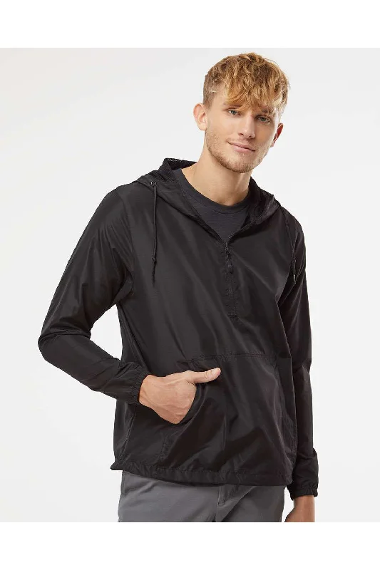 Hooded men jackets with a detachable faux - fur trim for added warmthIndependent Trading Co. Mens Water Resistant 1/4 Zip Windbreaker Hooded Jacket - Black