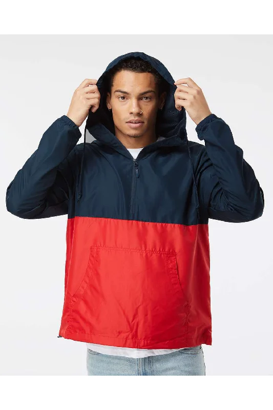 Lightweight men jackets made from recycled nylon for eco - friendly travelIndependent Trading Co. Mens Water Resistant 1/4 Zip Windbreaker Hooded Jacket - Classic Navy Blue/Red