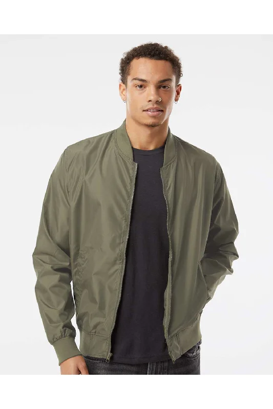 Hooded men jackets with a detachable faux - fur trim for added warmthIndependent Trading Co. Mens Water Resistant Full Zip Bomber Jacket - Army Green