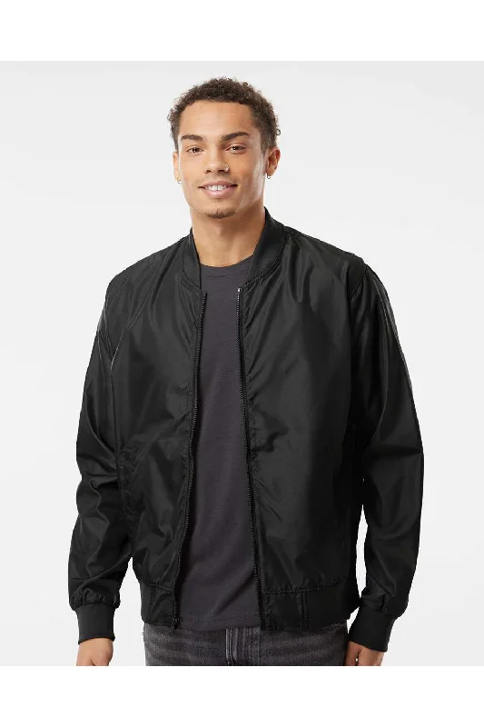 Men jackets with a built - in hood that can be stowed away when not in useIndependent Trading Co. Mens Water Resistant Full Zip Bomber Jacket - Black