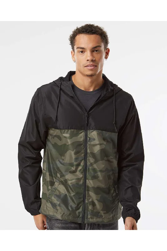 Stretch - fabric men jackets for unrestricted movement during workoutsIndependent Trading Co. Mens Water Resistant Full Zip Windbreaker Hooded Jacket - Black/Forest Green Camo