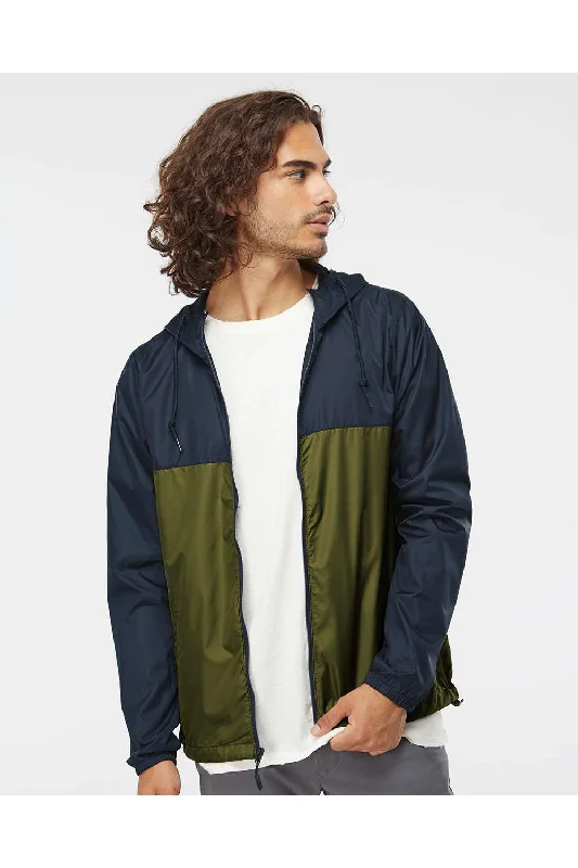 Embroidered men jackets with intricate floral designs for a unique aestheticIndependent Trading Co. Mens Water Resistant Full Zip Windbreaker Hooded Jacket - Classic Navy Blue/Army Green
