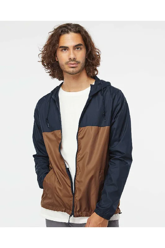 Fleece - lined men jackets for cold - weather commutingIndependent Trading Co. Mens Water Resistant Full Zip Windbreaker Hooded Jacket - Classic Navy Blue/Saddle Brown