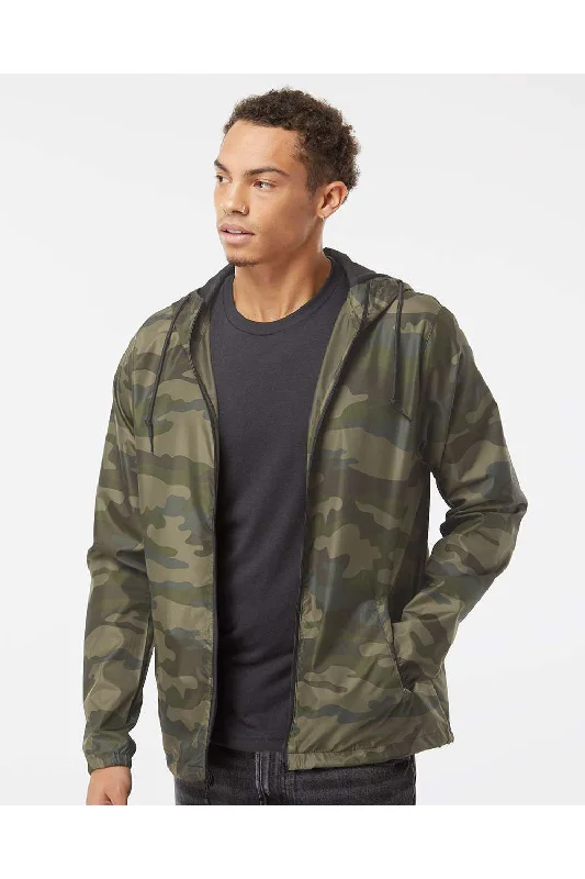 Waterproof men jackets with taped seams for heavy rain protectionIndependent Trading Co. Mens Water Resistant Full Zip Windbreaker Hooded Jacket - Forest Green Camo