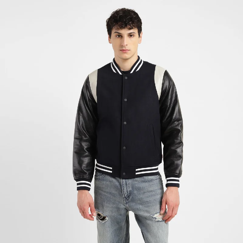 Men jackets with a zip - off sleeves to convert to a vestMen's Colorblock Navy Mandarin Collar Varsity Jacket
