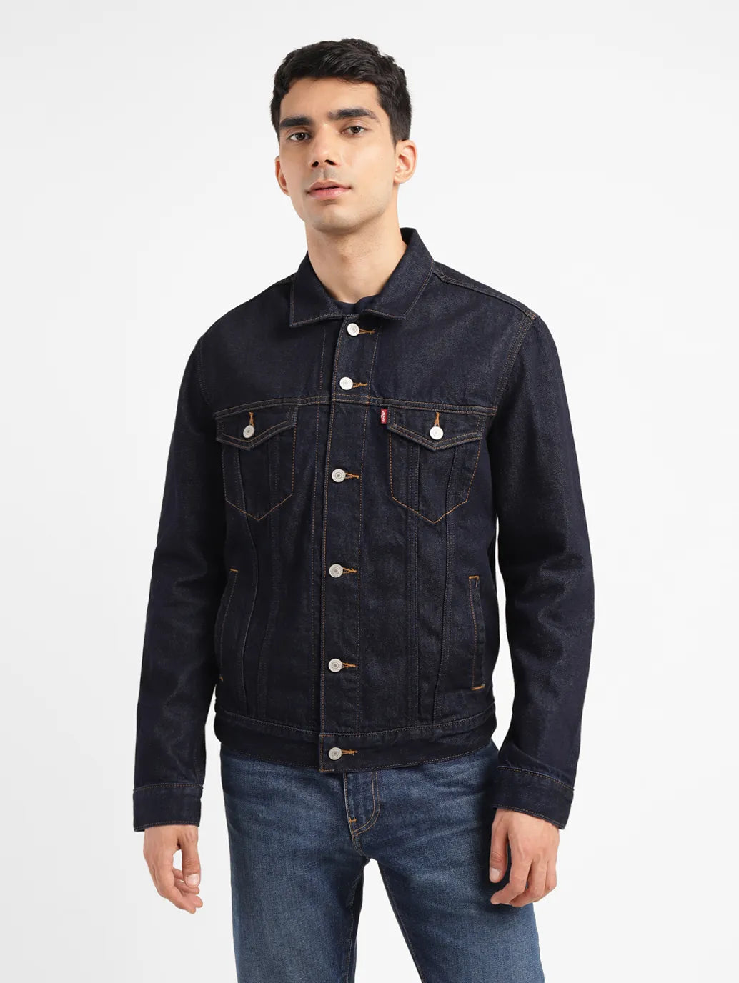 Men jackets with a zip - off sleeves to convert to a vestMen's Solid Indigo Spread Collar Jacket