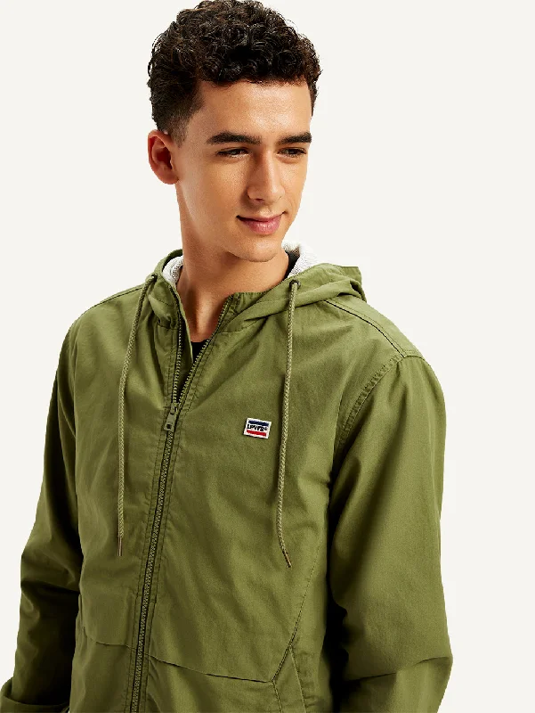 Plus - size men jackets with adjustable drawstrings for a comfortable fitMen's Solid Olive Hooded Tailored Jacket