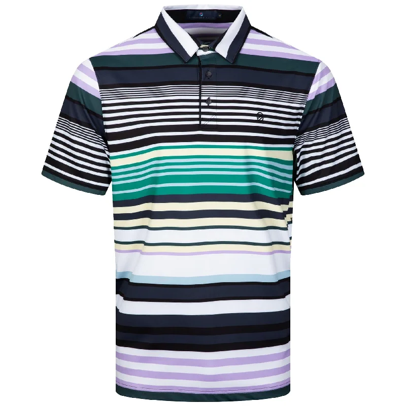 Men's slim fit short sleeve polo shirts with contrast collarsLegion Polo Lavendar & Green Stripe - AW23