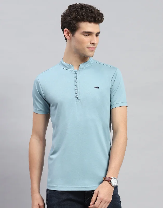 Men's organic cotton crew - neck t - shirts for everyday comfortMen's organic cotton crew - neck t - shirts for everyday comfortMen Sky Blue Solid  Mandarin Neck Half Sleeve T-Shirt