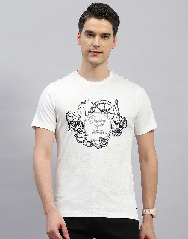 Men's ribbed t - shirts with a textured finish for added styleMen's ribbed t - shirts with a textured finish for added styleMen White Printed Round Neck Half Sleeve T-Shirt