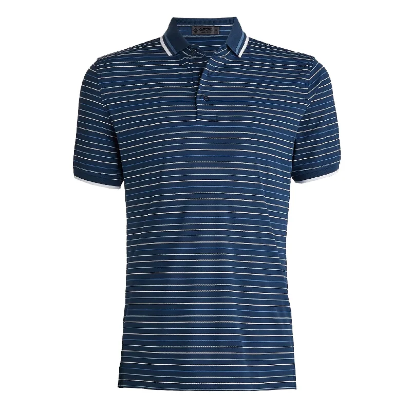 Men's breathable cotton blend polo shirts for summer outingsMulti Stripe Rib Collar Tech Pique Polo Ink - AW23