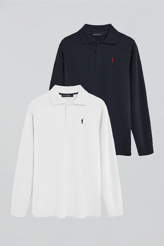 Men's two - tone stripe polo shirts with a preppy stylePack de dos polos de manga larga azul marino y blanco con logo Rigby Go