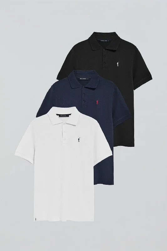 Men's breathable cotton blend polo shirts for summer outingsPack de tres polos de tres botones en negro, azul marino y blanco con logo Rigby Go