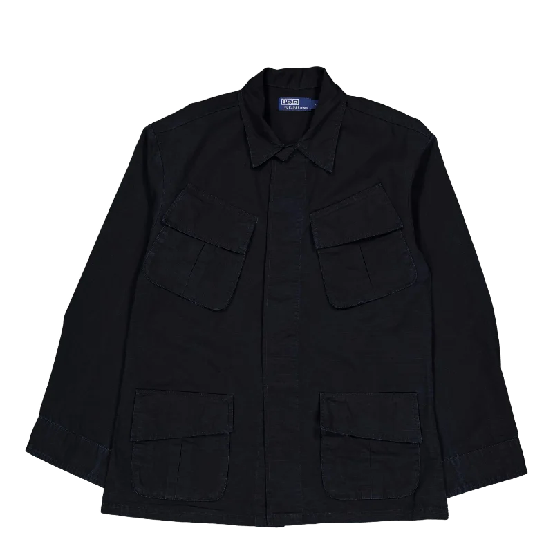 Men's two - tone stripe polo shirts with a preppy styleClassic Fit Ripstop Utility Shirt Polo Black