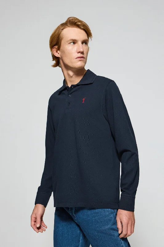 Men's vintage - inspired retro polo shirts with unique patternsPolo de manga larga de tres botones en azul marino con logo Rigby Go