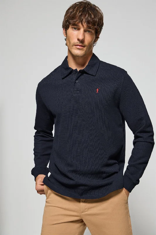 Men's UV - protected polo shirts for outdoor gardeningPolo de manga larga azul marino con dos botones y logo Rigby Go