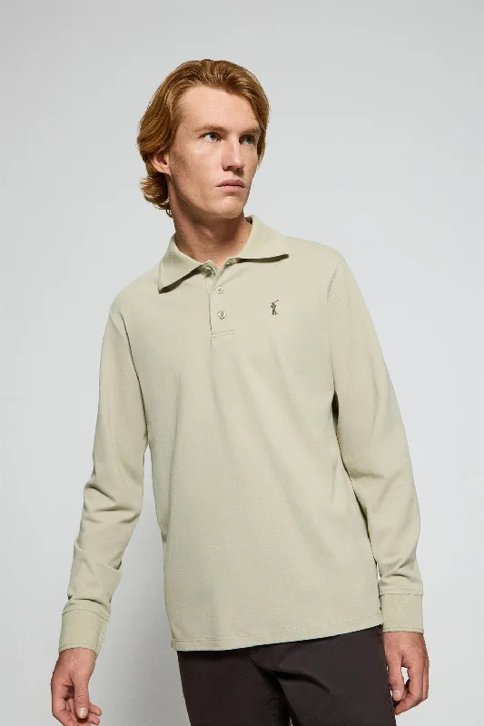 Men's plus size golf polo shirts in moisture wicking fabricPolo de manga larga de tres botones en color piedra con logo Rigby Go