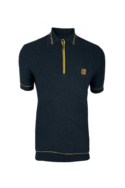 Men's jacquard woven polo shirts with intricate designsTrojan Records Men's TR8862 SS Basket Weave Fine Gauge Polo Shirt Navy Blue