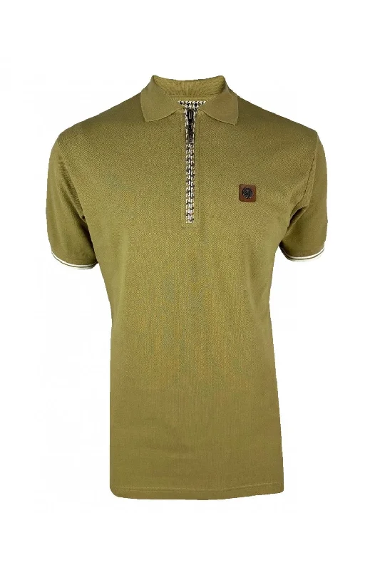 Men's budget - friendly basic polo shirts in multiple colorsTrojan Records Men's TR8872 SS Houndstooth Trim Zip Pique Polo Shirt Camel