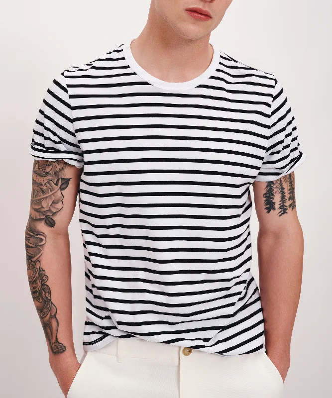 Men's long - sleeve henley t - shirts with button - down placketsMen's long - sleeve henley t - shirts with button - down placketsClassic Jersey Stripe Short Sleeve Crew Neck Tee - White-Black