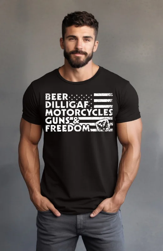 Men's slim - fit graphic t - shirts with vintage rock band printsBEER, DILLIGAF, MOTORCYCLES, GUNS AND FREEDOM T-Shirt. THIS MONTH'S SPECIAL Men's slim - fit graphic t - shirts with vintage rock band printsBEER, DILLIGAF, MOTORCYCLES, GUNS AND FREEDOM T-Shirt. THIS MONTH'S SPECIAL