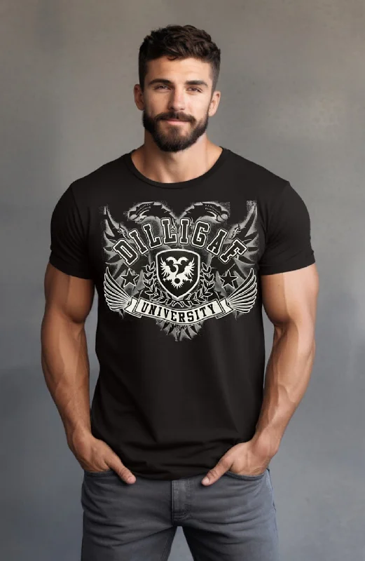 Men's printed Hawaiian t - shirts for tropical vacationsDILLIGAF UNIVERSITY Tee