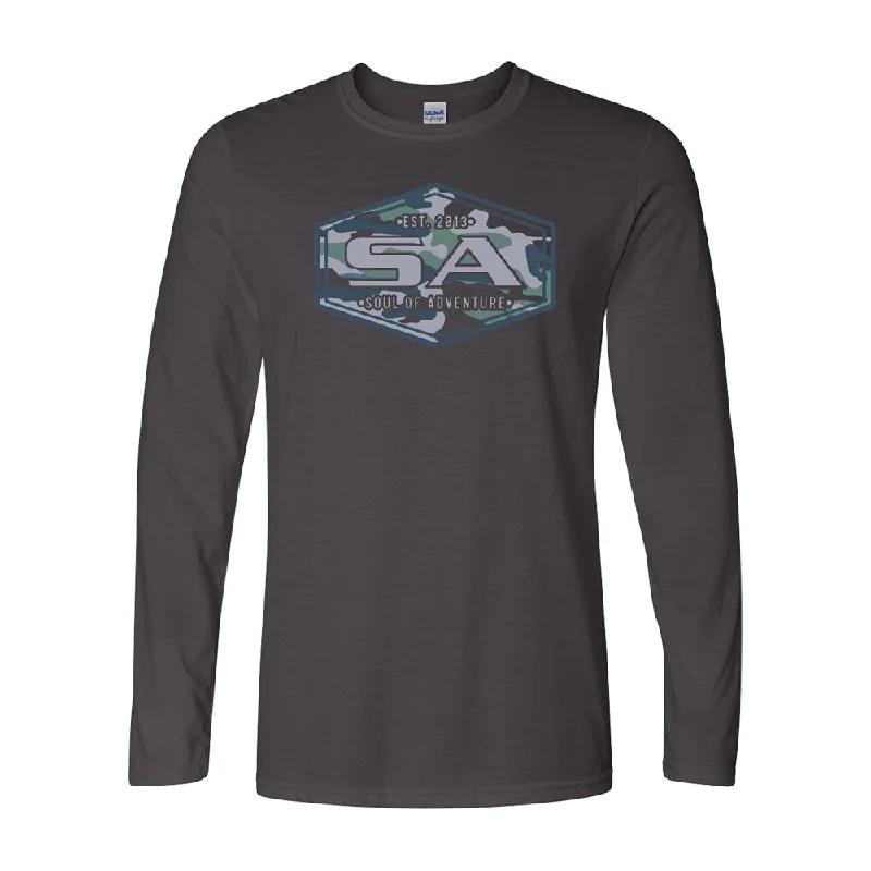 Men's eco - friendly recycled t - shirts for sustainable fashion choicesGraphic Tee | Blue Mountain Camo | Charcoal Men's eco - friendly recycled t - shirts for sustainable fashion choicesGraphic Tee | Blue Mountain Camo | Charcoal