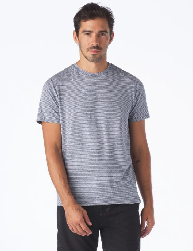 Men's slim - fit graphic t - shirts with vintage rock band printsSalton Short Sleeve: Heather Indigo and White Stripe