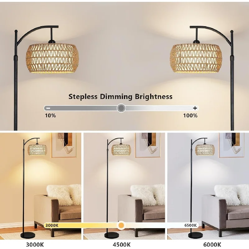 Fabric Floor Lamp with a Linen Shade for a Relaxed AestheticModern Boho Arc Floor Lamp with Remote Control, Dimmable LED, Rattan & Fabric Drum Shade for Living Room Bedroom